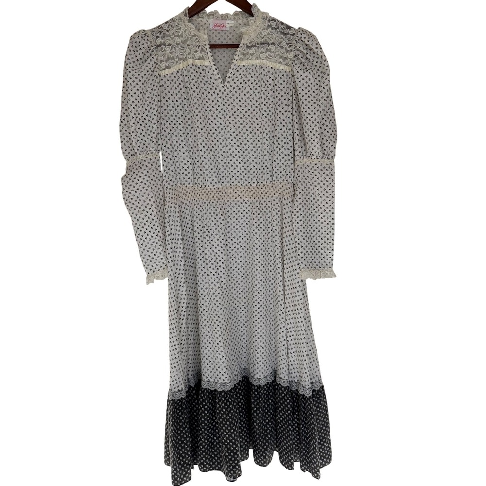 VTG 70's 80's Jerri Jee Cotton/Lace Midi Dress Junior 11 Cottagecore Prarie